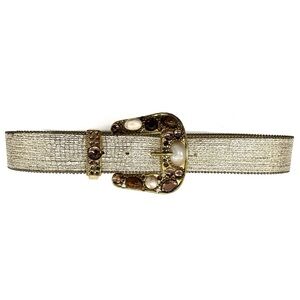 Vintage Elite Belt 26” S Stone Buckle Beaded Edge Brown Gold 1.5” Wide